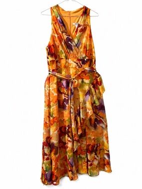 NWT London Times (Laura) Orange Floral Maxi Dress with Purple Accents